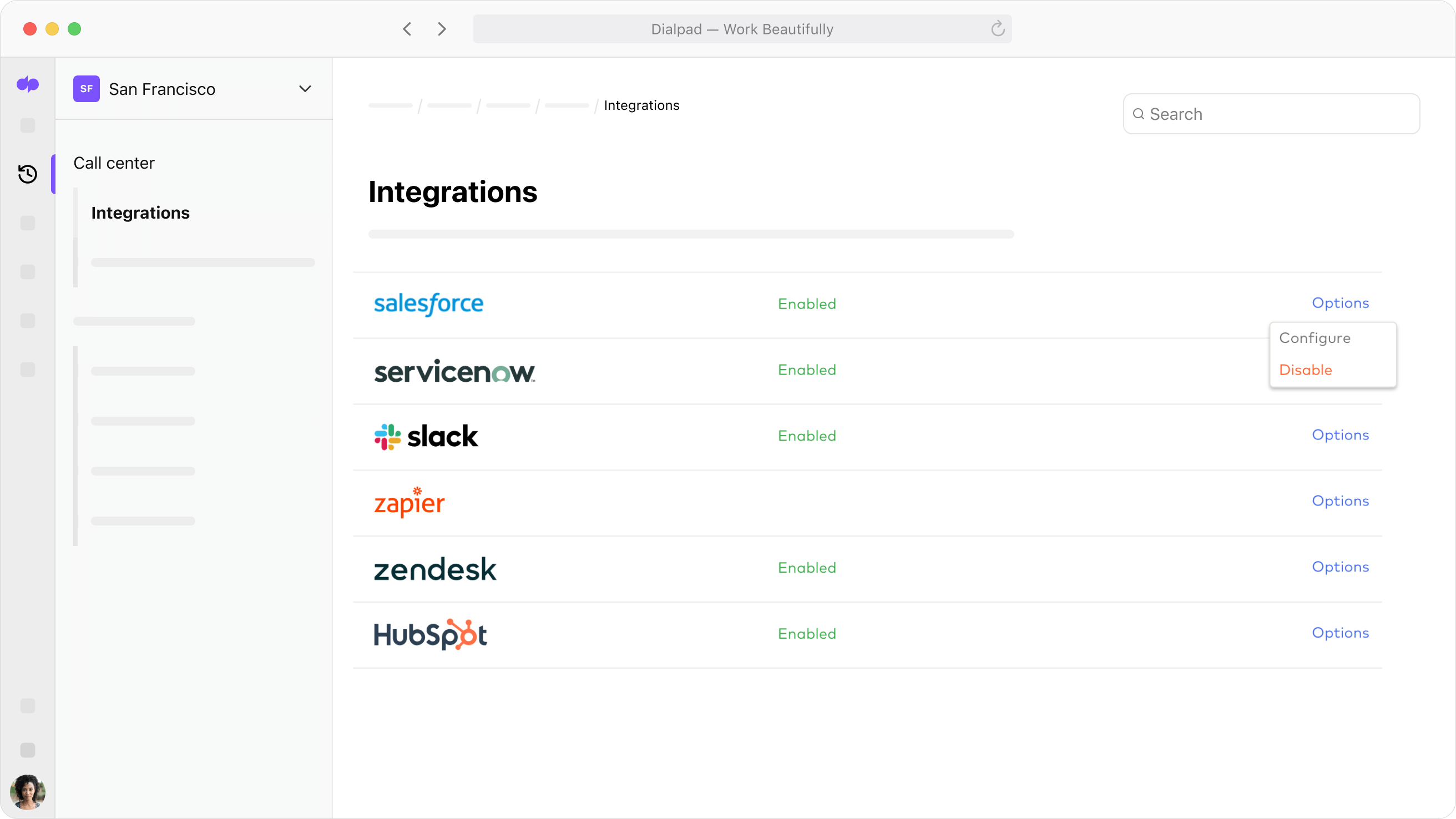 Screenshot of Dialpad integrations