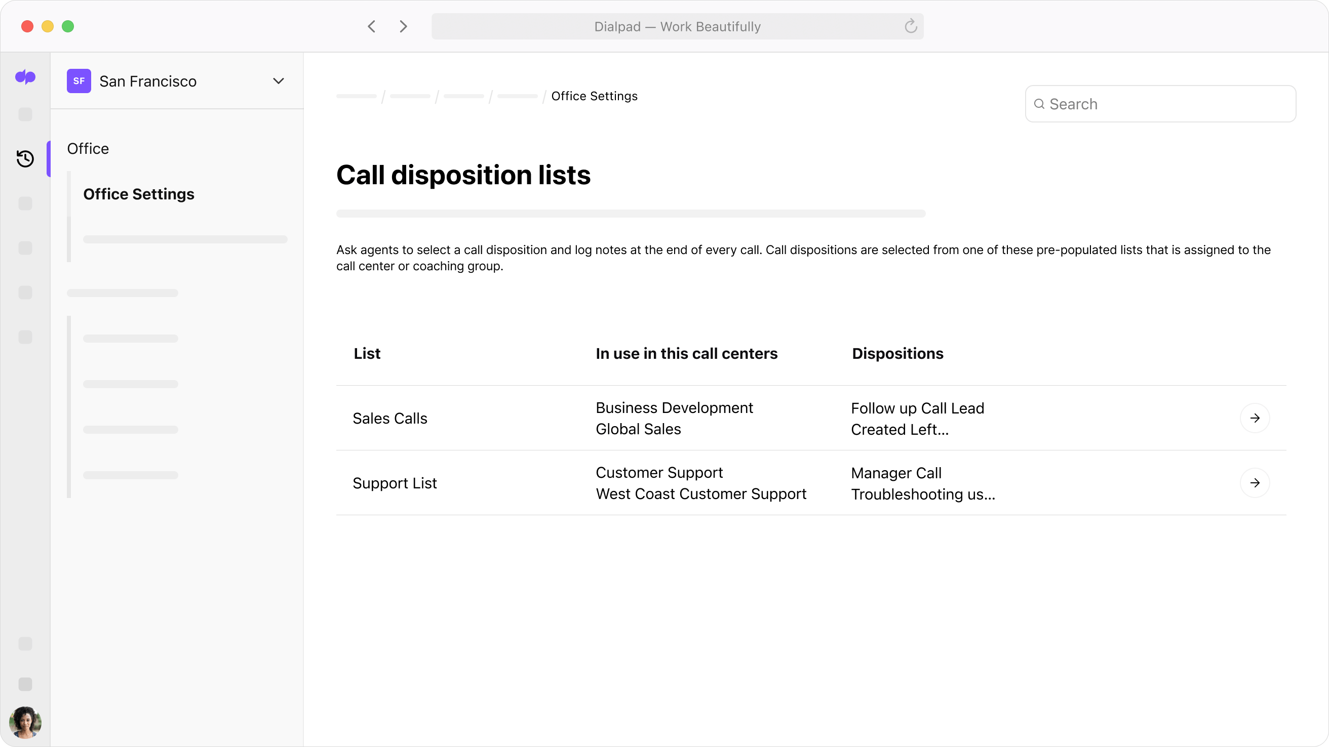 Screenshot of the call disposition lists