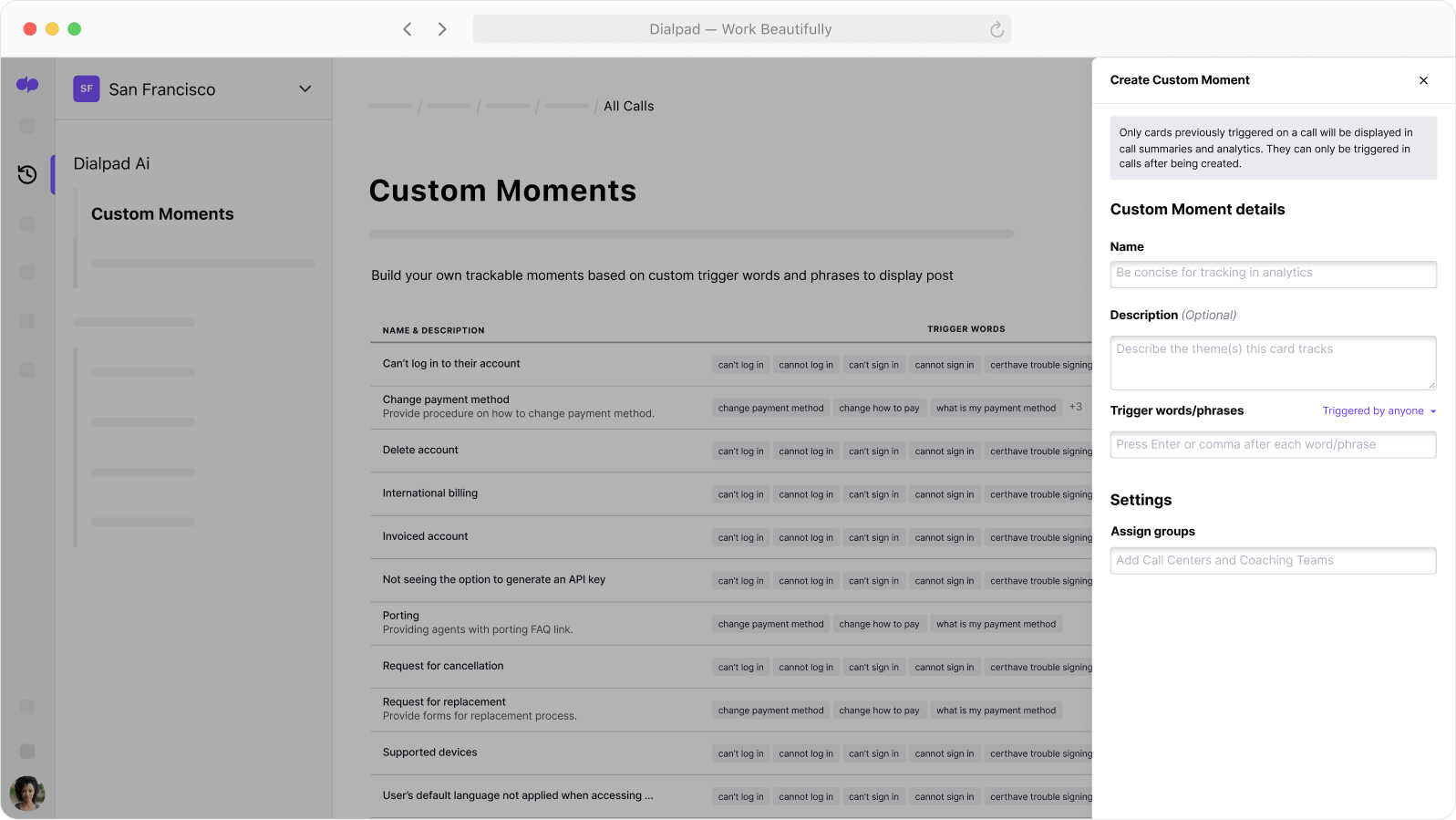 Screenshot of creating a Custom Moment in Dialpad