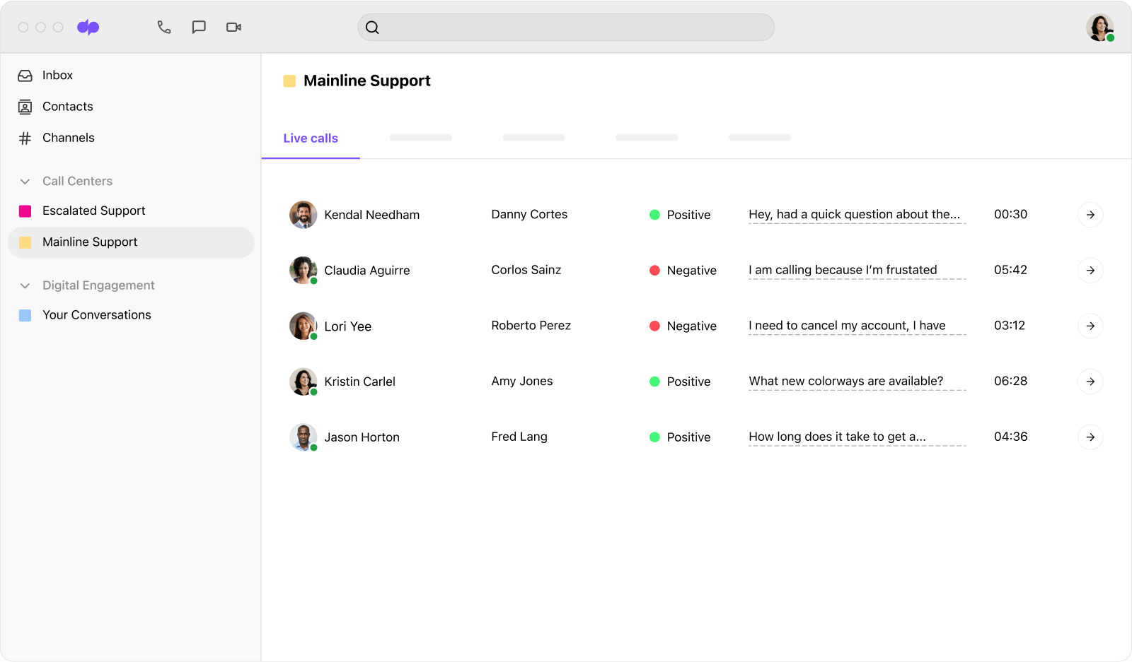 Dialpad Ai analyzing the sentiment of multiple calls