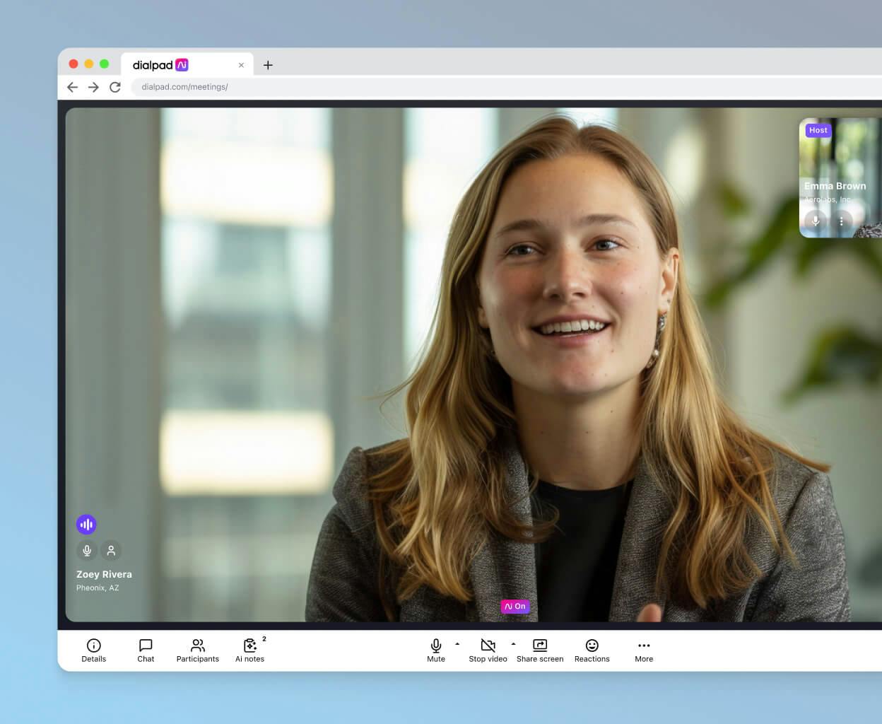 Screenshot of Dialpads Ai Meetings video conference feature