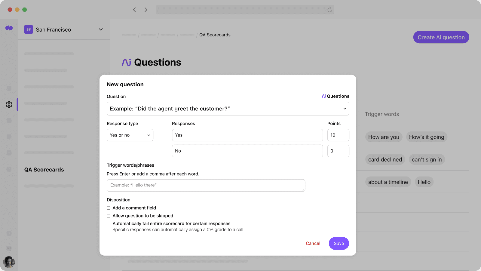 Screenshot of creating a Dialpad Ai Scorecard in Dialpad’s online dashboard