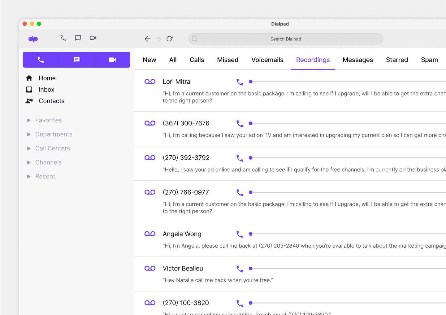 Screenshot of a list of call recordings in Dialpad