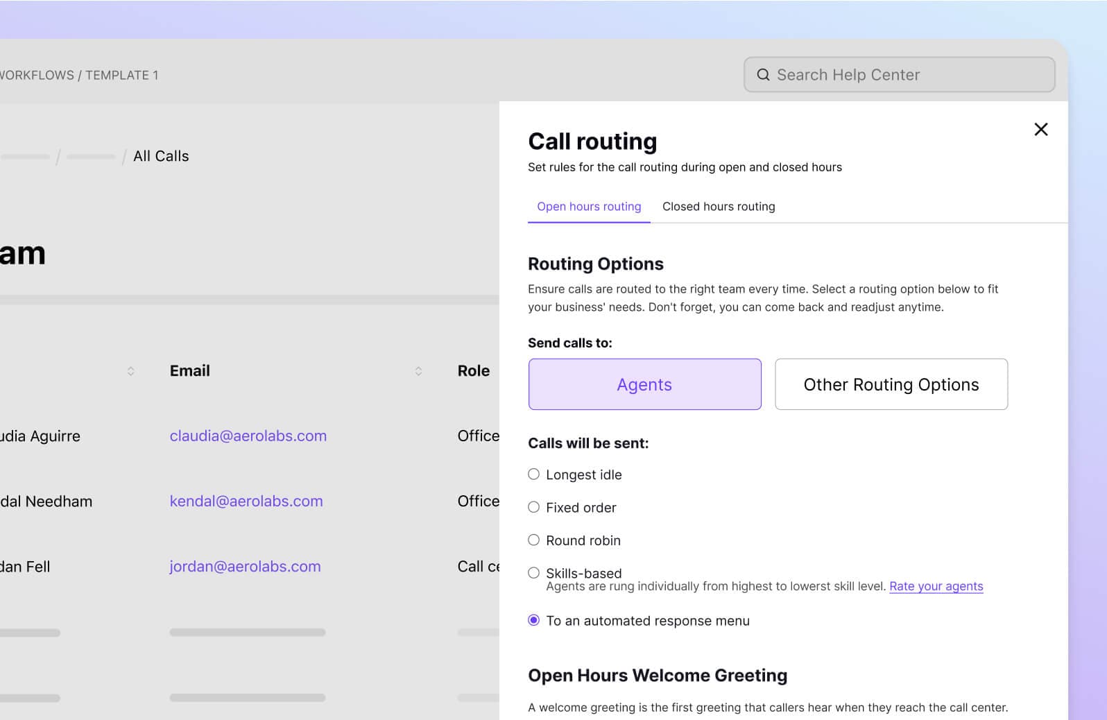 Screenshot of Dialpads call routing options