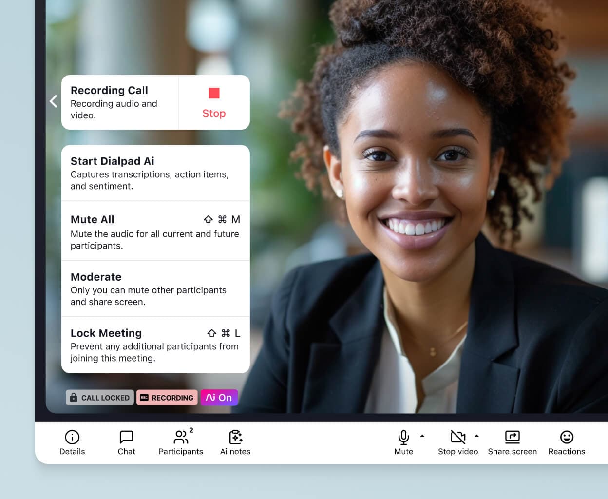 Screenshot of in-meeting security controls on Dialpad Ai Meetings