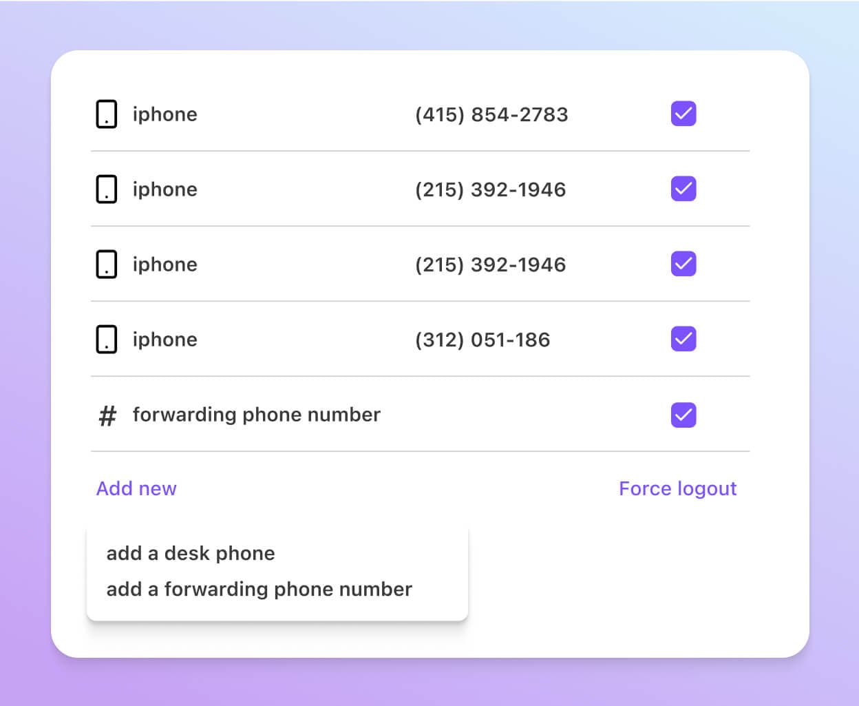 Screenshot of adding a call forwarding number from Dialpad’s online dashboard