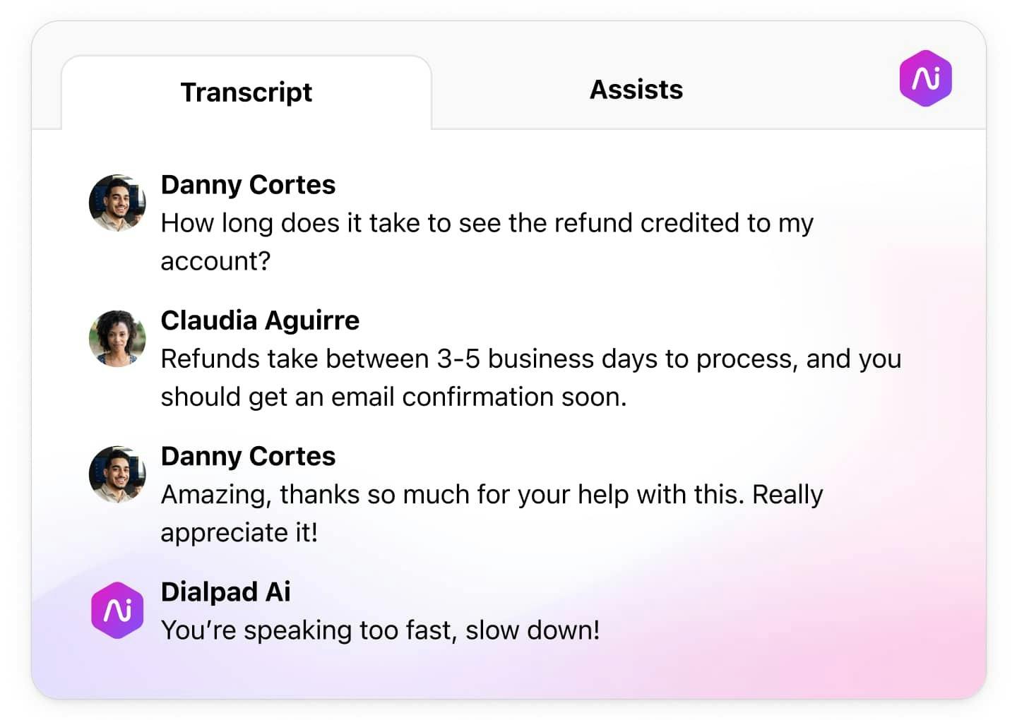 Screenshot of Dialpad Ai transcribing a phone call in real time Dialpad Ai page