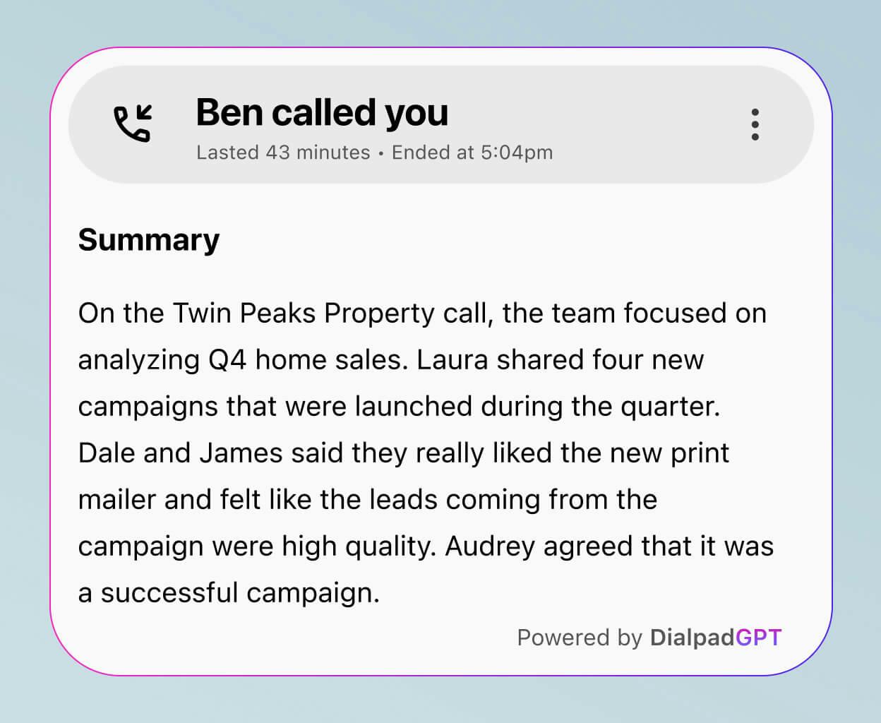 Screenshot of a call summary generated by Dialpad Ai Recaps