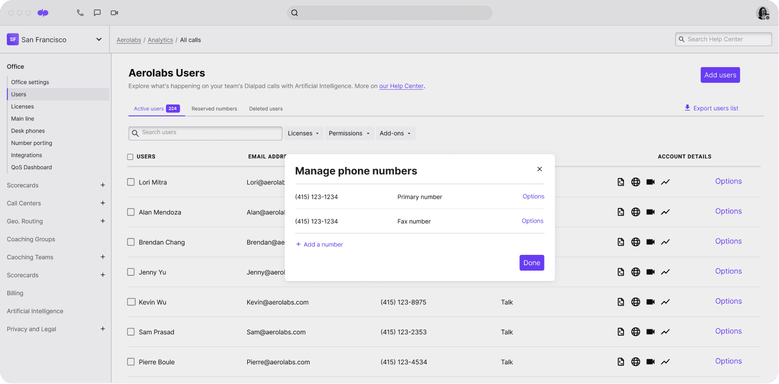 Screenshot of adding and managing phone numbers from Dialpads online dashboard