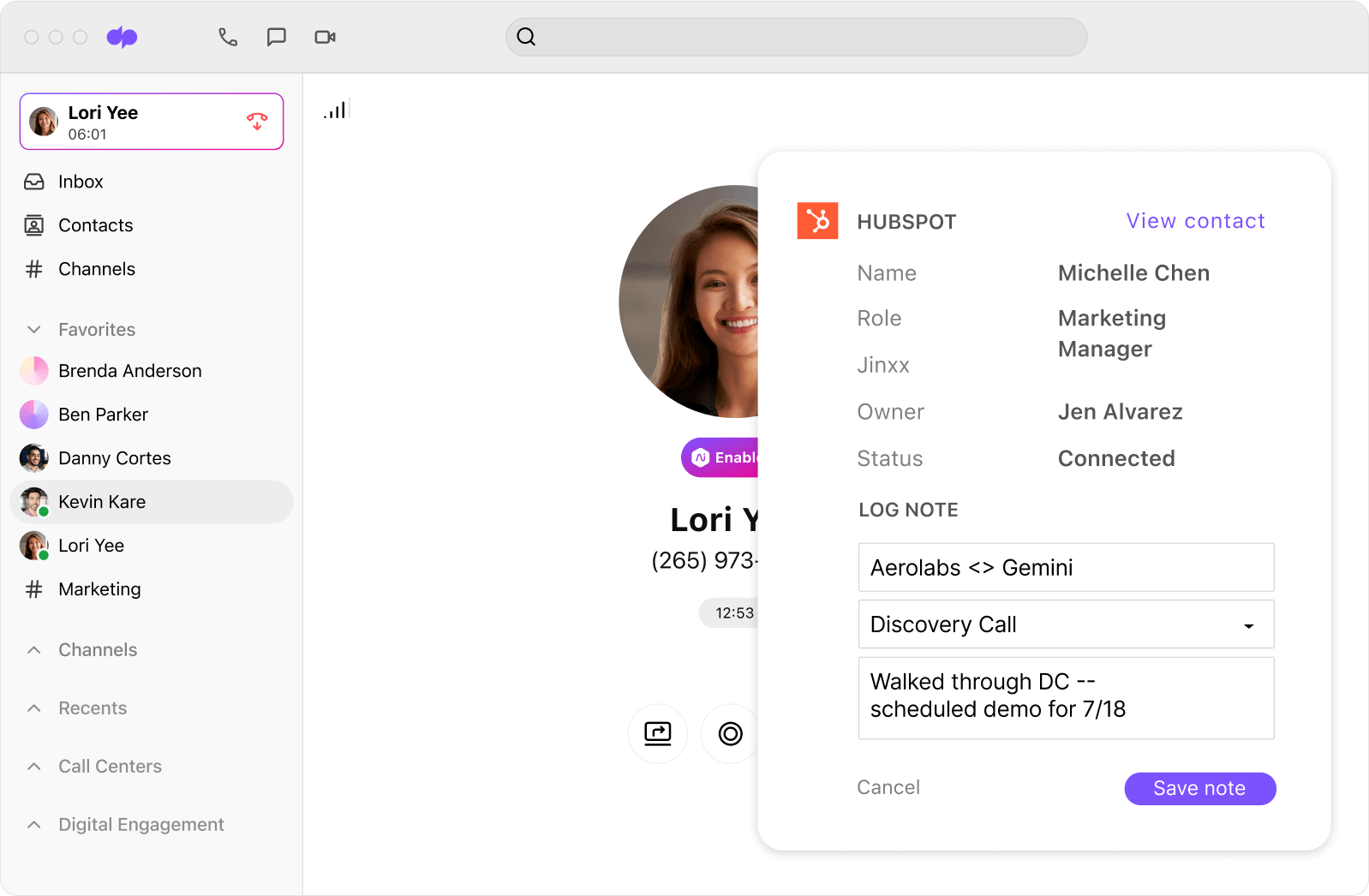 Screenshot of Dialpads Hub Spot integration populating a calls details