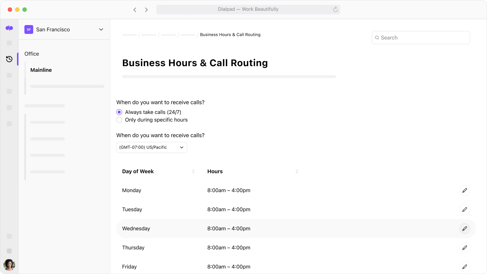 Screenshot of setting up business hours from Dialpads online dashboard vavende