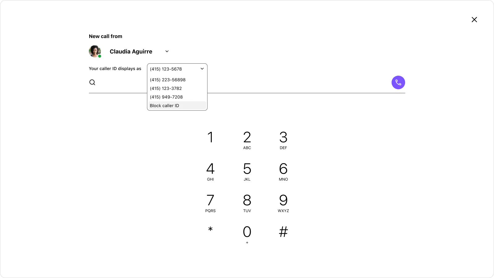 Screenshot of choosing a caller ID to display when making a work call from one's personal cell phone using Dialpad's app