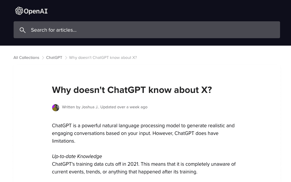 Chat GPT Help Center question