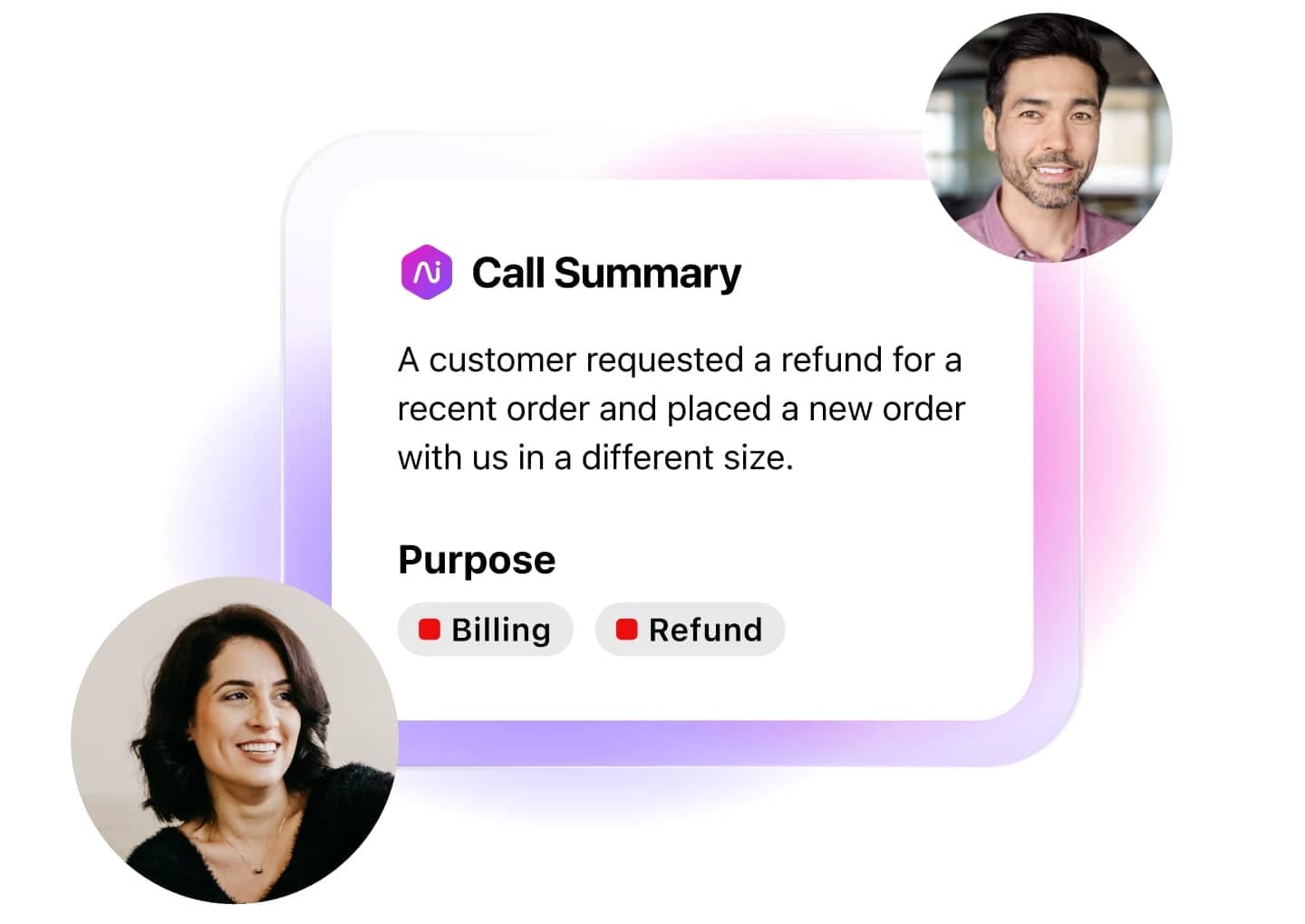 Screenshot of Ai-curated call summary and call purpose