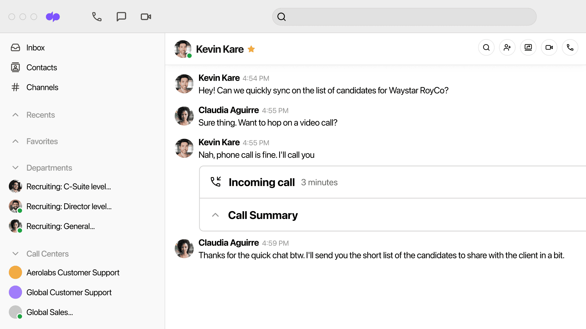 Calling a contact from a chat conversation in dialpad recruiting