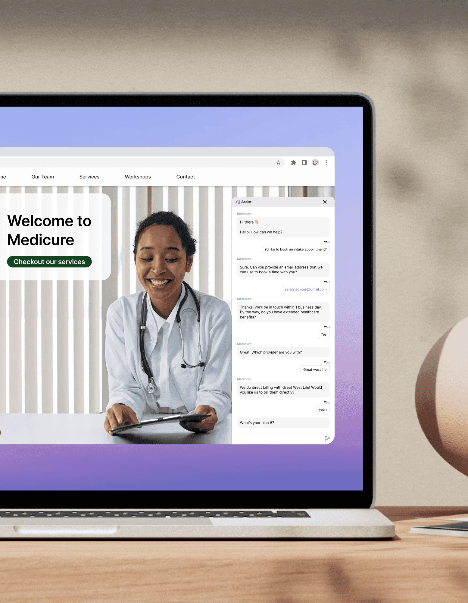 Photo of a physician with a tablet on a healthcare provider's website, with a conversational AI answering a patient question