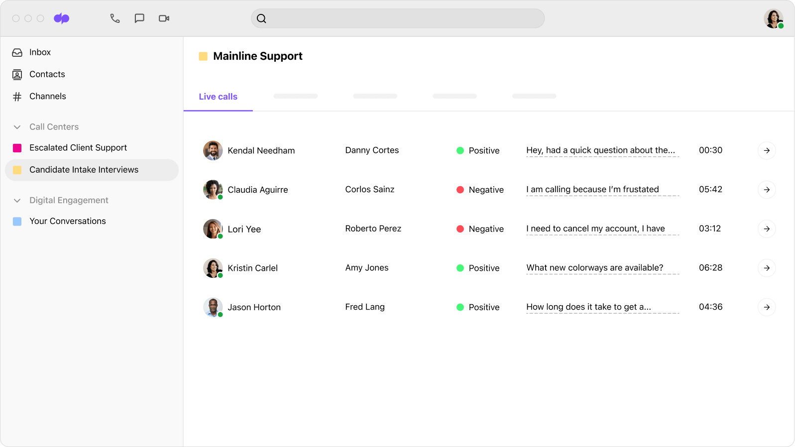 Screenshot of Dialpad Ai analyzing the sentiment of multiple calls in real time
