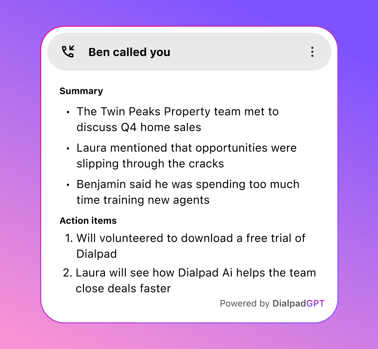 Screenshot of Dialpad Ai Recaps feature generating a call summary and a list of action items