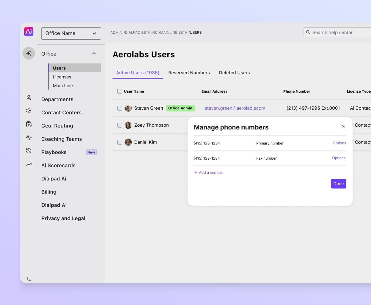 Screenshot of adding and managing phone numbers from Dialpads online dashboard