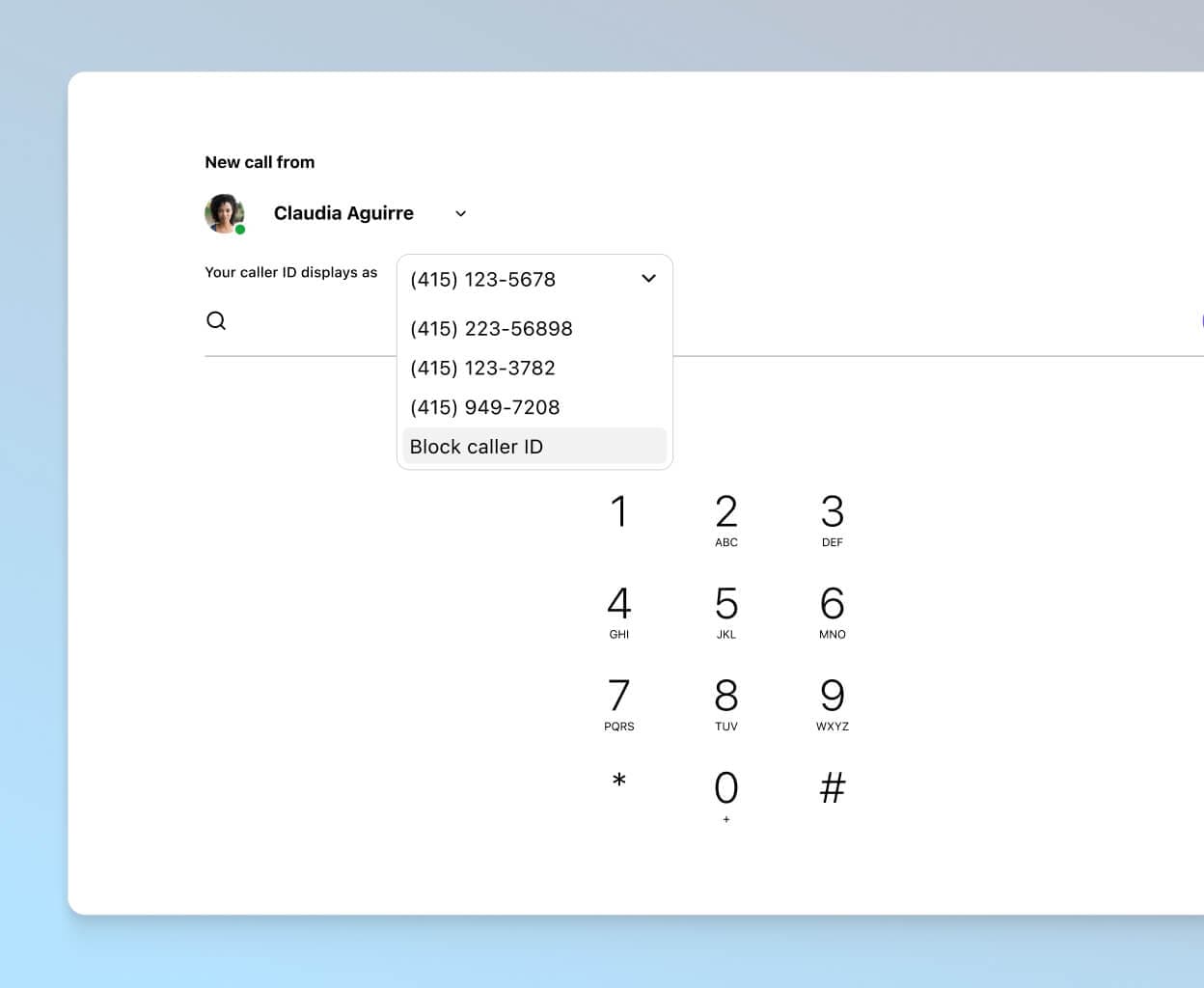 Screenshot of choosing a caller ID to display when making a work call using Dialpad's app