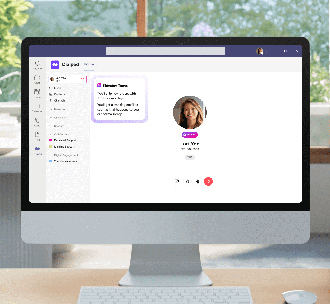 A computer showing the UI of the Dialpad integration on the Microsoft Teams app