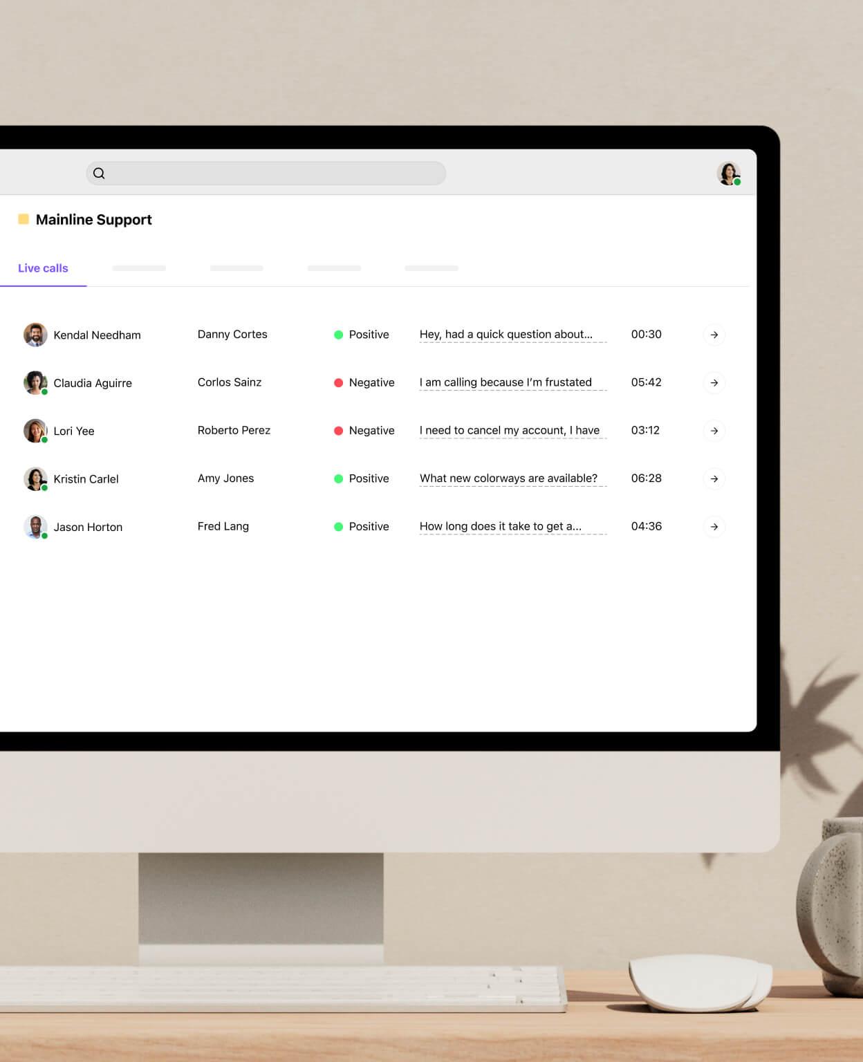 A computer showing a screenshot of Dialpad Ai analyzing the sentiment of multiple calls in real time