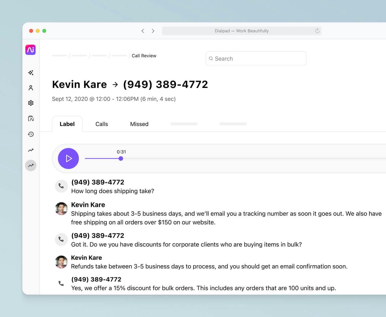 Screenshot of Dialpads AI-powered post-call summary with transcript and recording