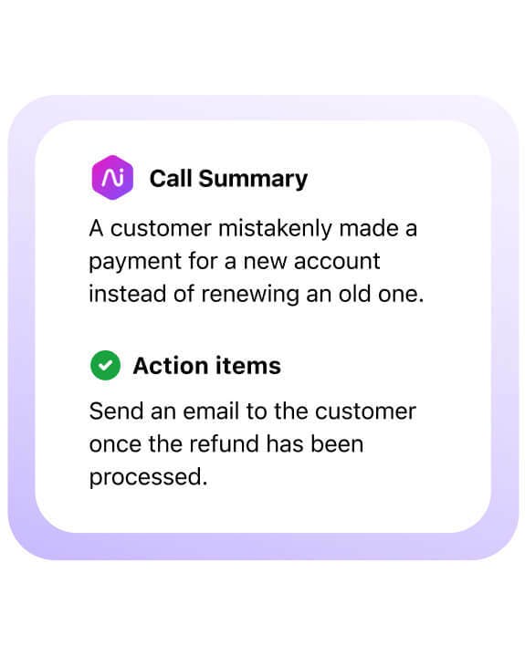 Screenshot of Dialpads Ai call summary and action items feature