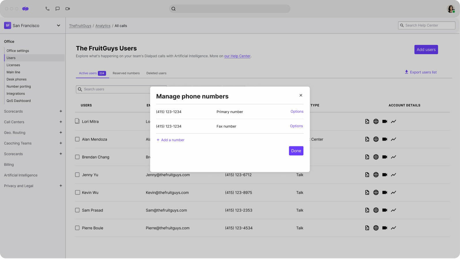 Screenshot of adding and managing phone numbers from Dialpads online dashboard