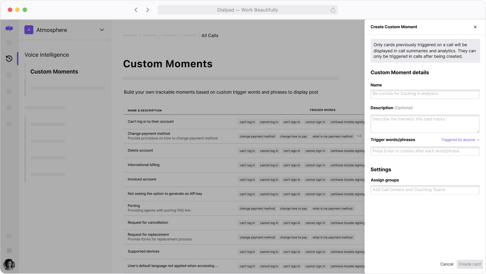 Screenshot of creating a Custom Moment in Dialpad which uses AI to track how often certain keywords are coming up on calls