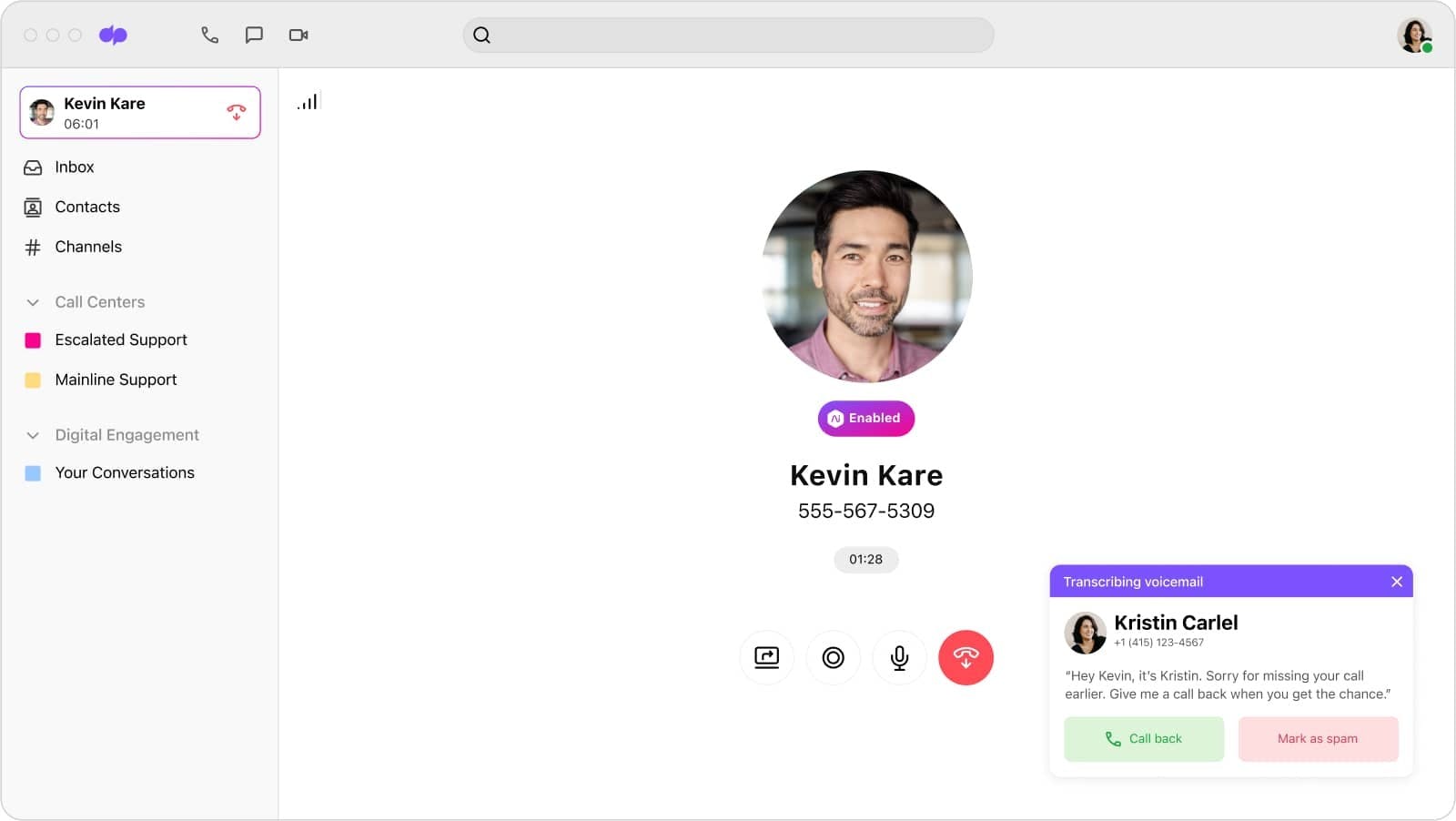 Screenshot of Dialpad Ai transcribing a voicemail message in real time