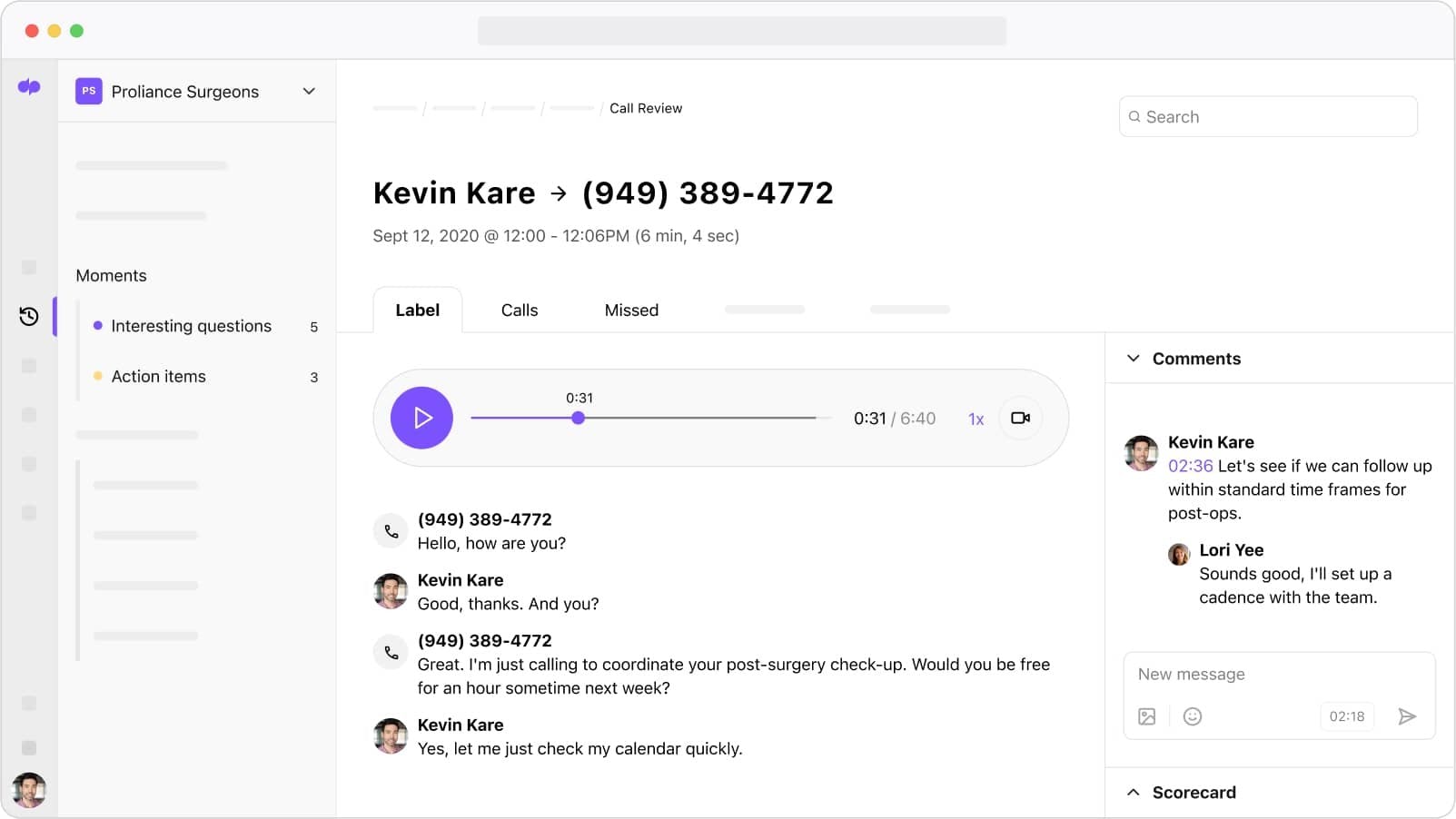Screenshot of Dialpads AI powered post call summary with transcript and recording