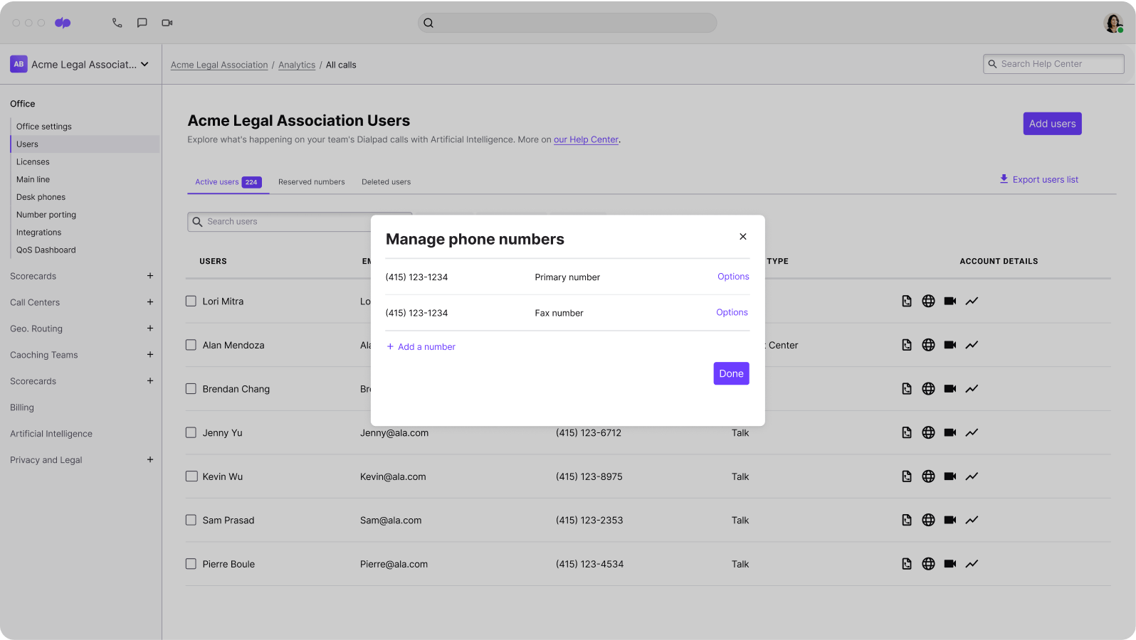Screenshot of adding and managing phone numbers from Dialpads online dashboard