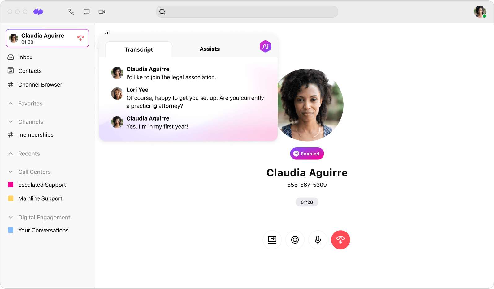 Screenshot of Dialpad Ai transcribing a phone call in real time