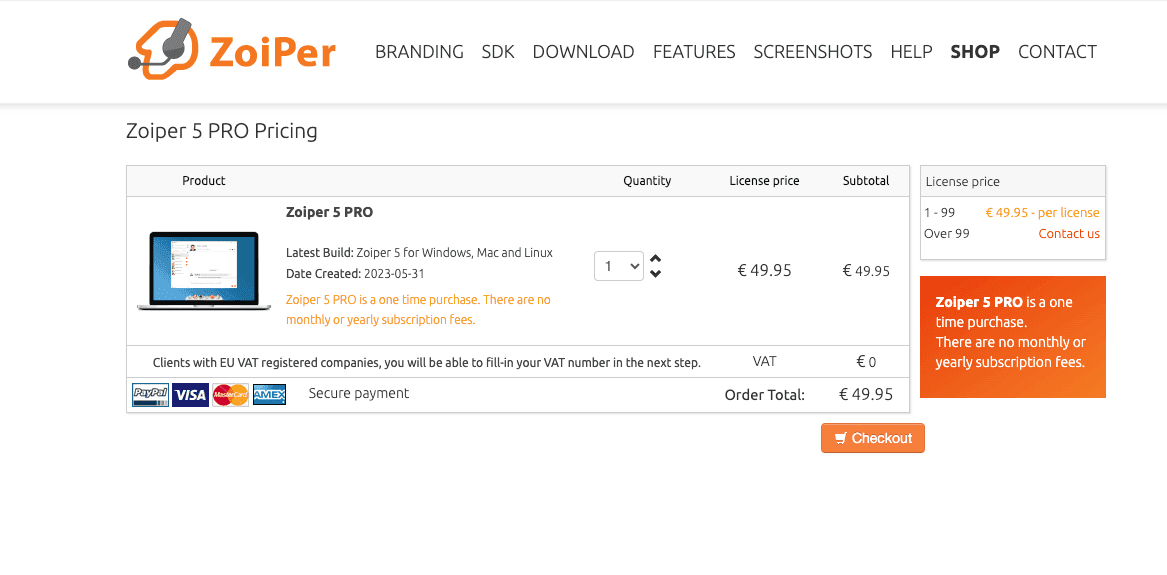 Zoiper pricing page