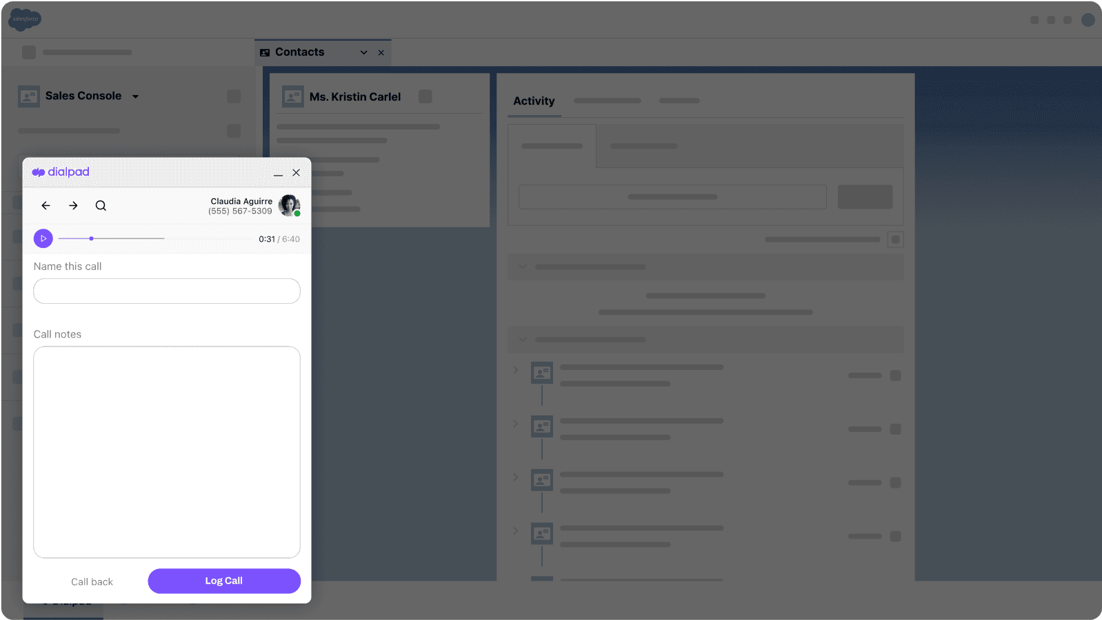 Screenshot of Dialpad's Salesforce integration populating a calls detailsa