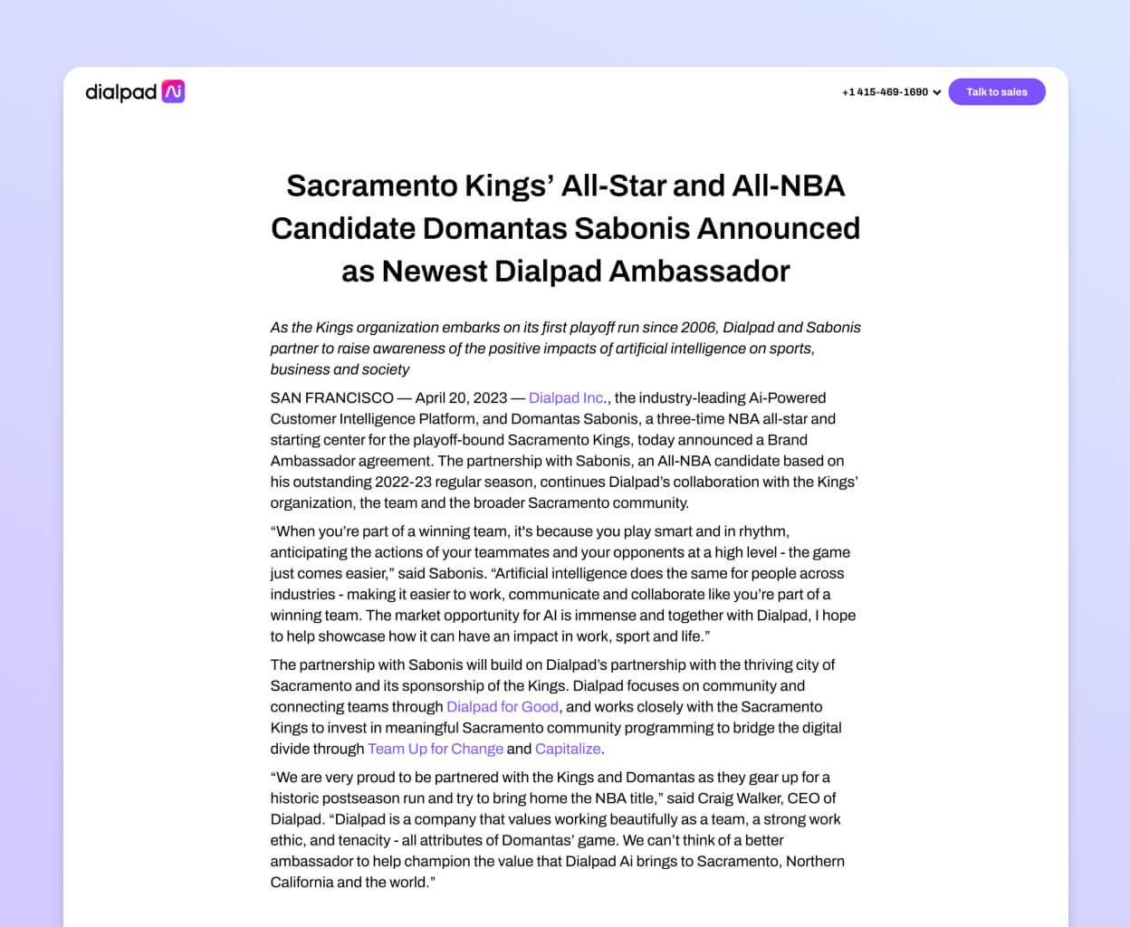 Screenshot of Dialpads press release regarding the newest Dialpad Ambassador