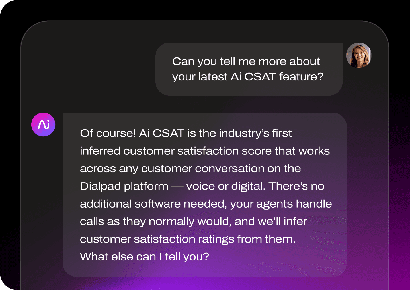 Conversation bubbles about Dialpad Ai CSAT feature