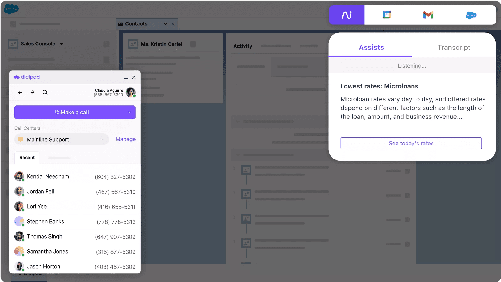 Screenshot of dialpad's CTI dialer embedded inside salesforce