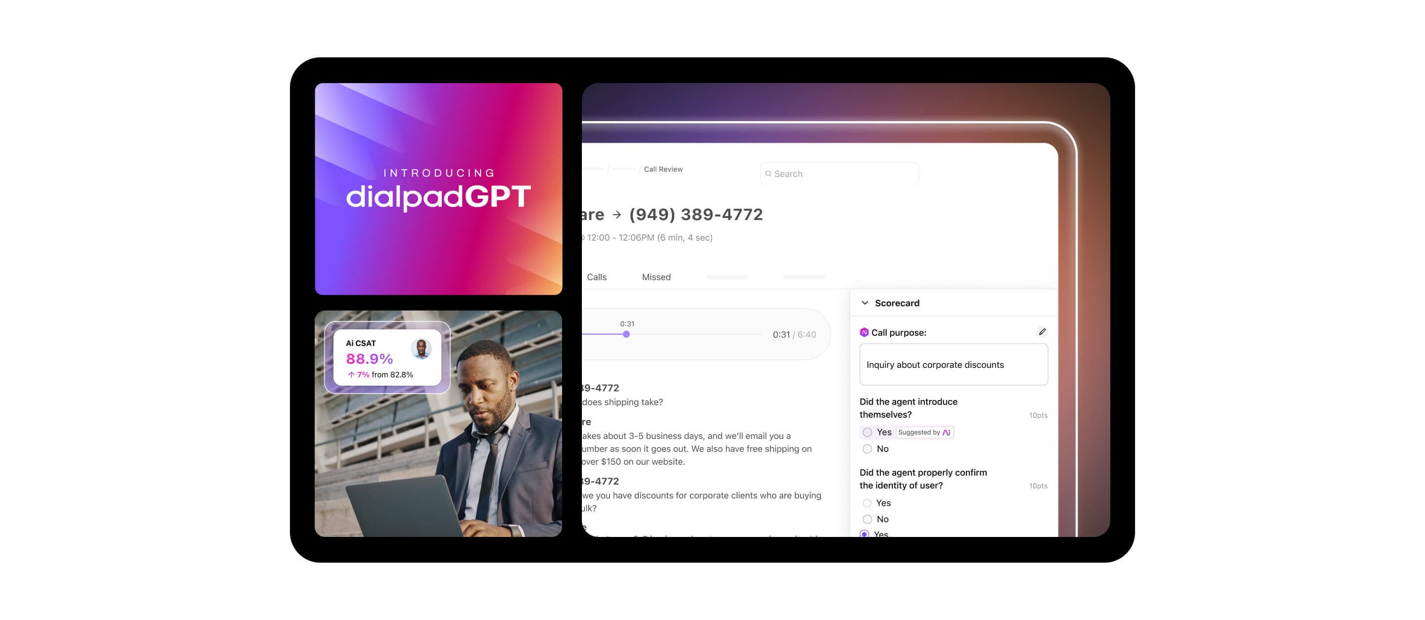 Screenshots of Dialpads Ai Scorecards and predictive Ai CSAT features