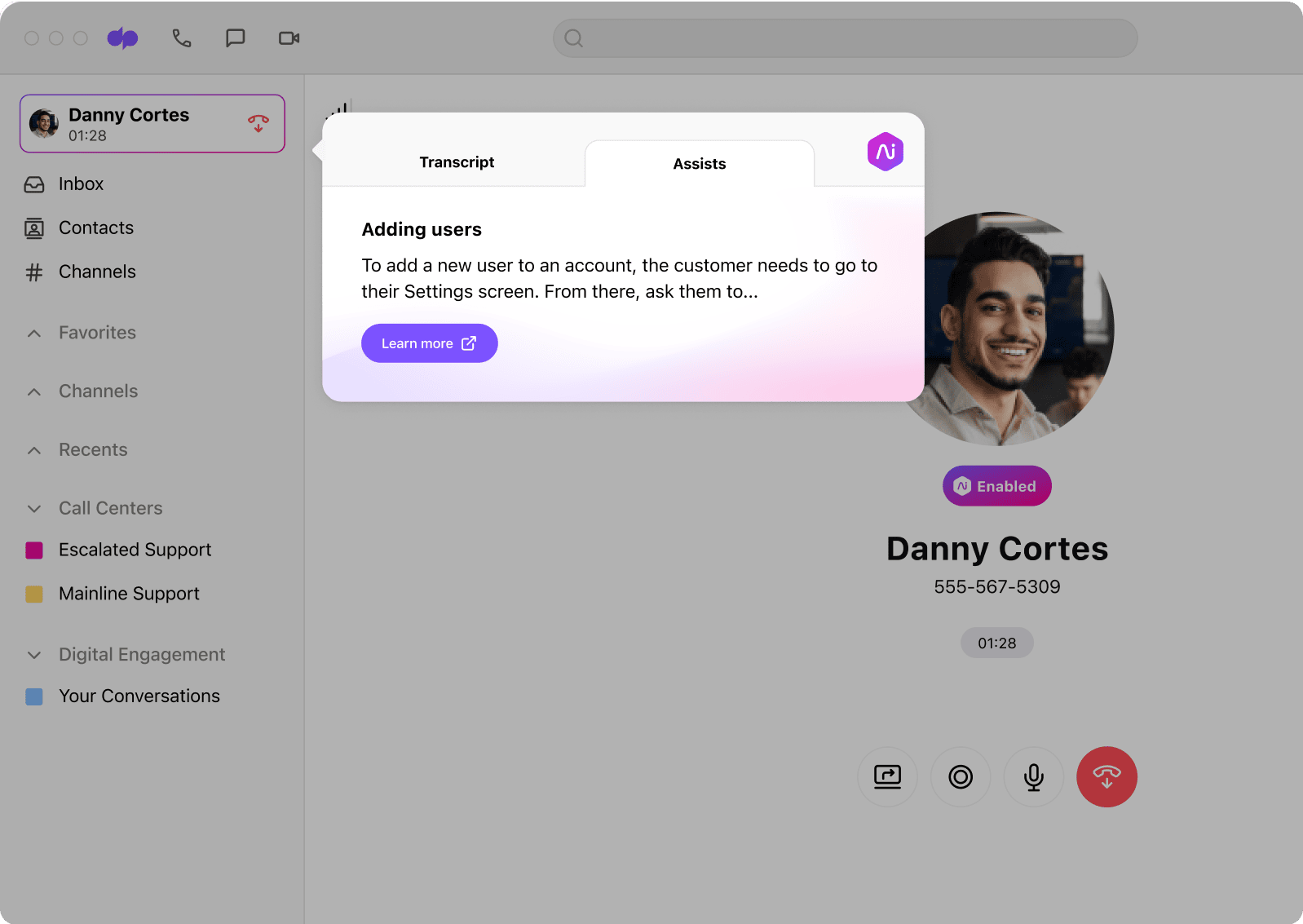 Screenshot of an Ai Agent Assist card popping up during a live customer conversation in the Dialpad app