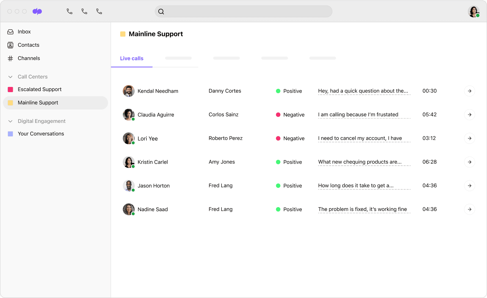 Screenshot of Dialpads sentiment analysis interface where the team at Nexl is able to view the sentiment of live calls