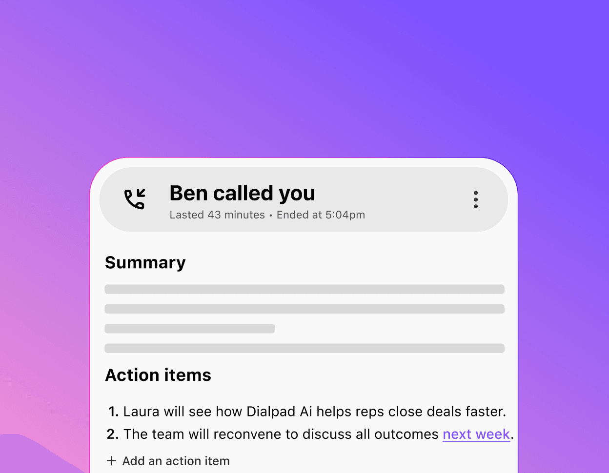 Screenshot of a list of action items generated by Dialpad Ai Recaps feature