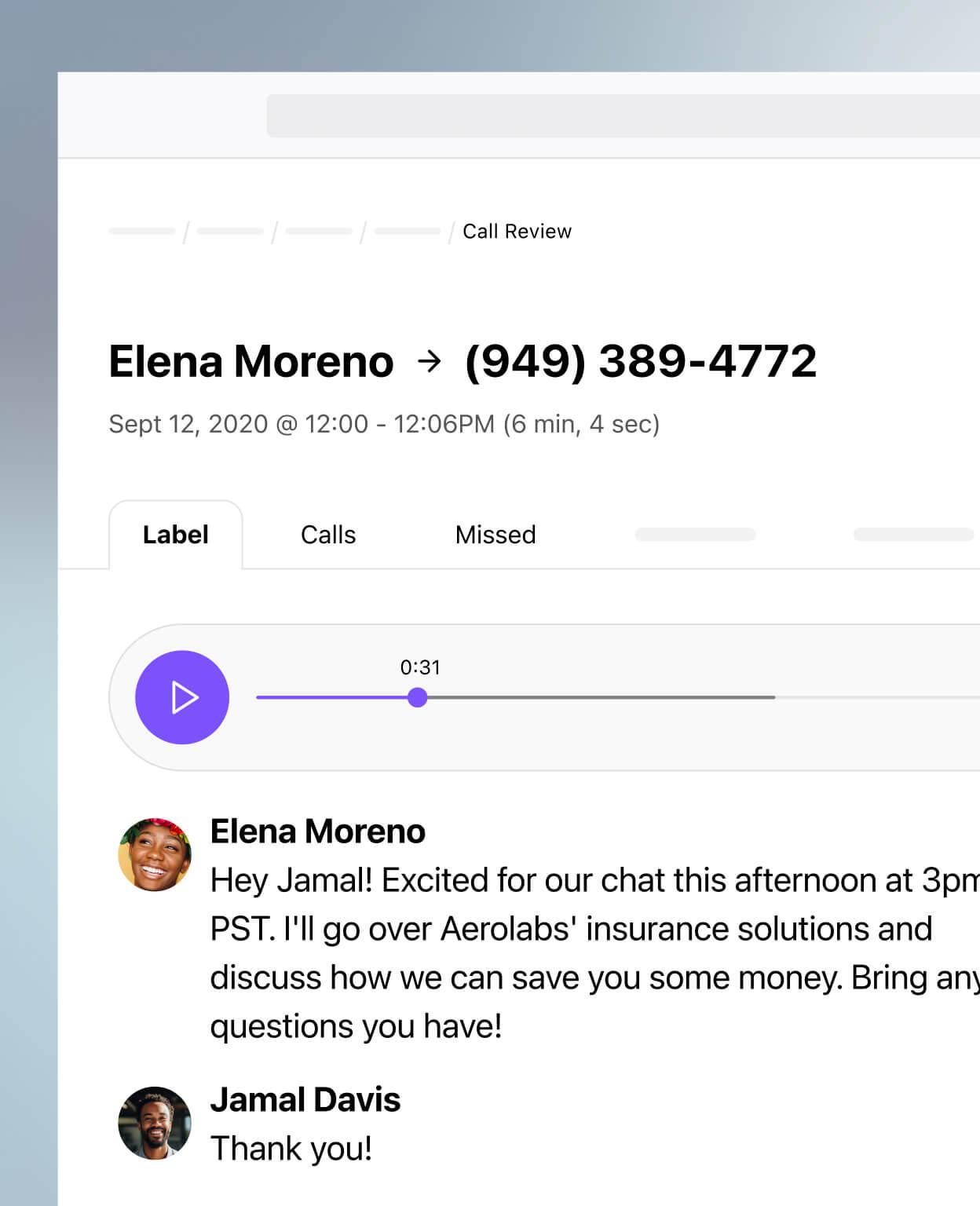 Screenshot of Dialpads AI-powered post-call summary with transcript and recording