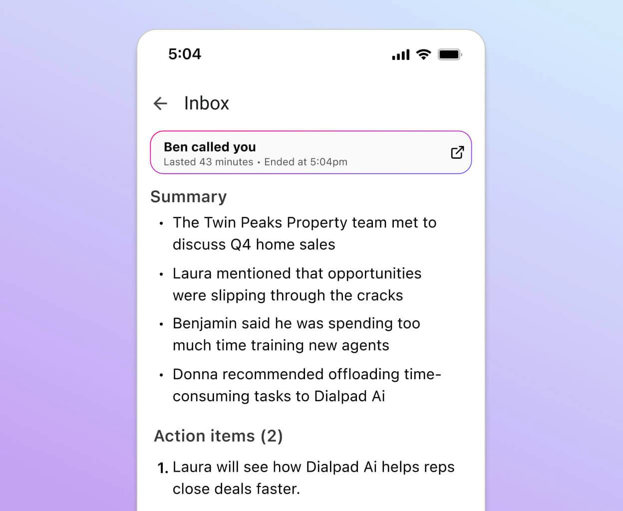 Mobile screenshot of Dialpad Ai Recaps generating a call summary and action items