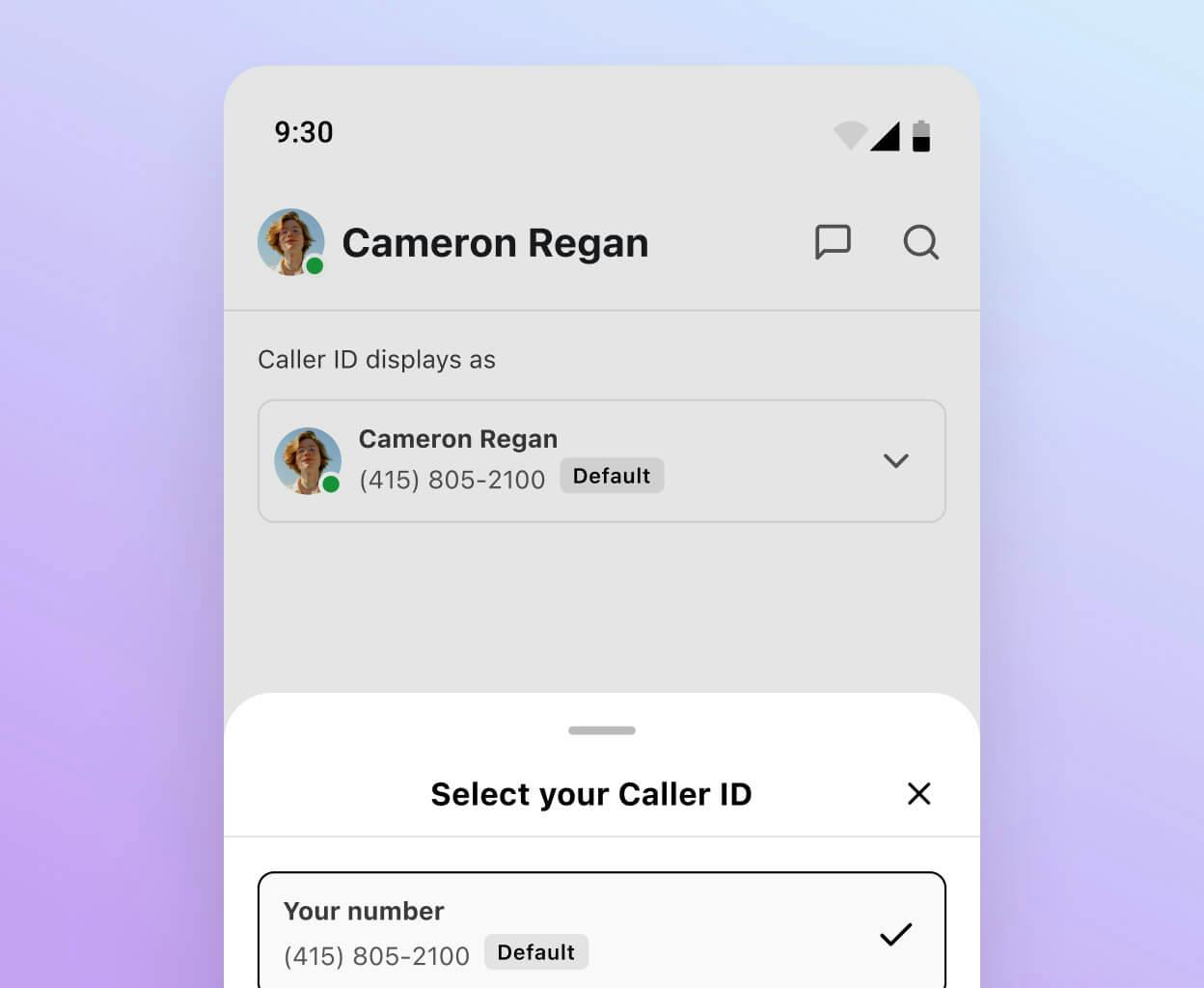 Screenshot of selecting the custom caller ID on Dialpad