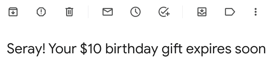 Email headline about gift card