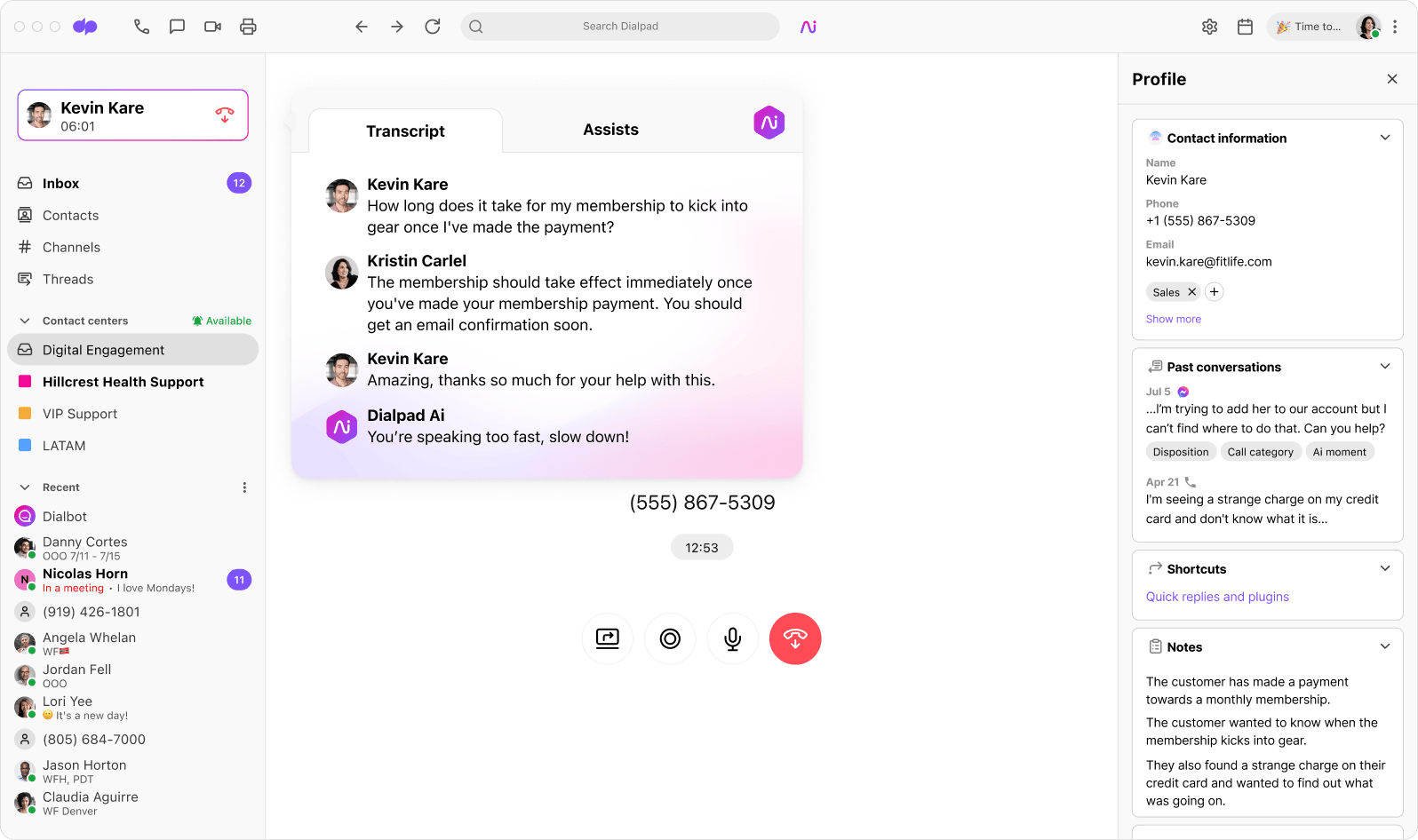 Screenshot of Dialpads call interface with Dialpad Ai running a live transcript which includes an automated note to speak slower