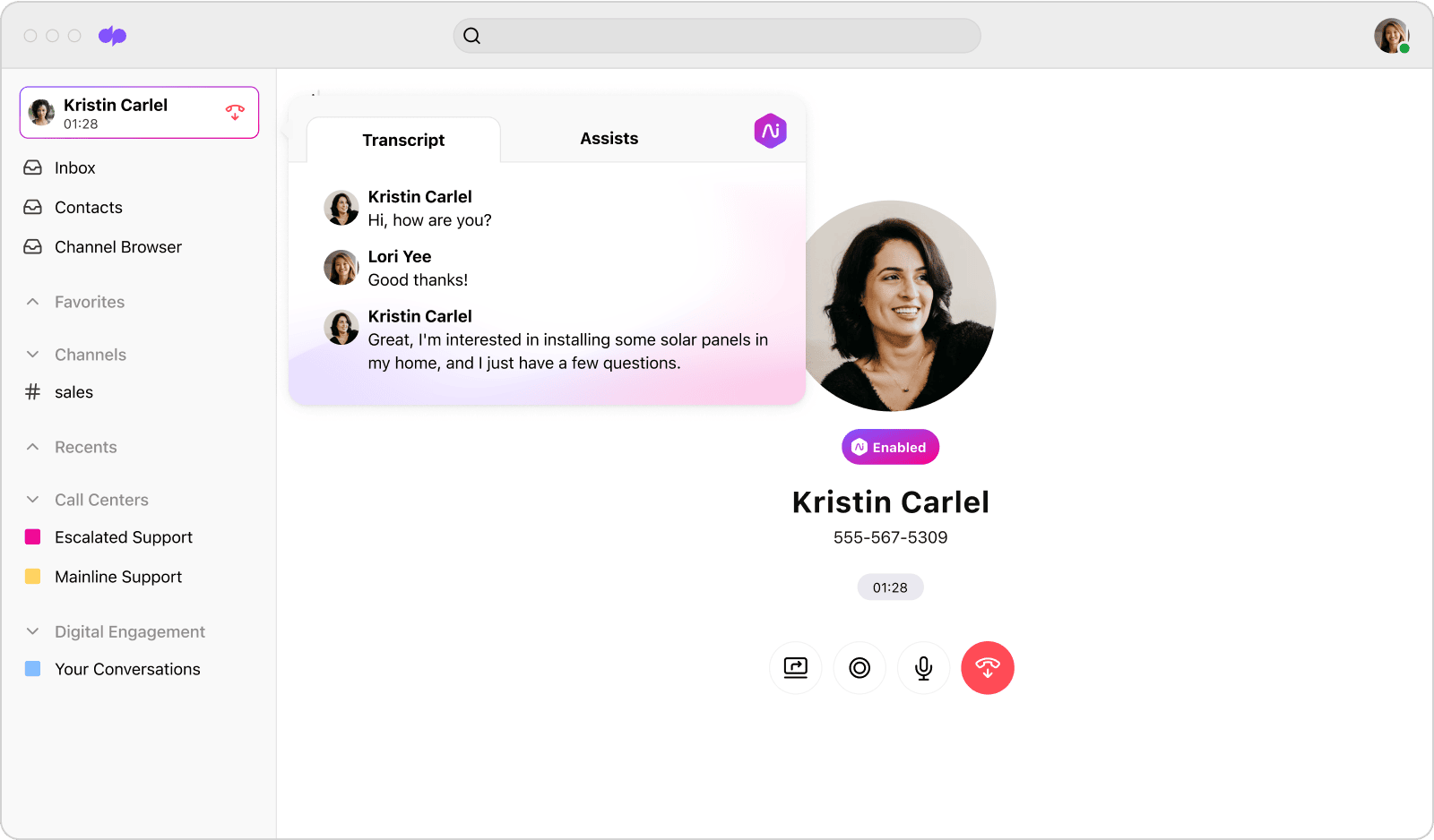 Screenshot of Dialpad Ai transcribing a live call in real time