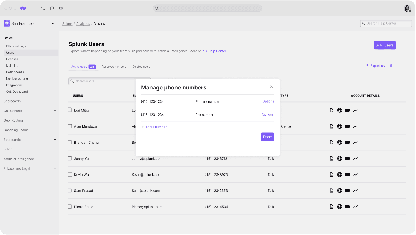 Screenshot of Dialpads Users interface where the team at Splunk manages phone numbers